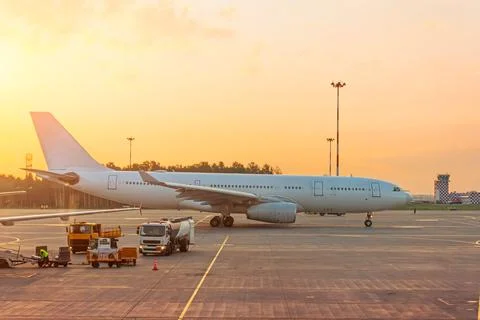 Side view of the plane passing after the poisoning from the terminal building 写真素材