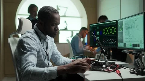 Side-view portrait of busy professional robotics engineer working on robotic Stock Footage 228887153