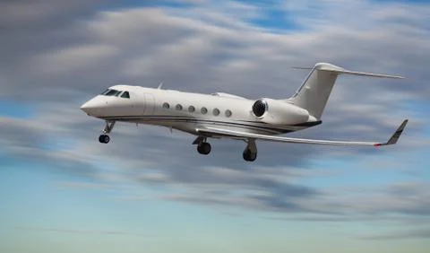 Side view of a private jet flying Stock Photos
