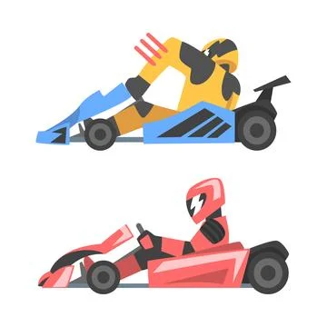 Side view of professional racing driver sitting in race car set cartoon vector Stock Illustration