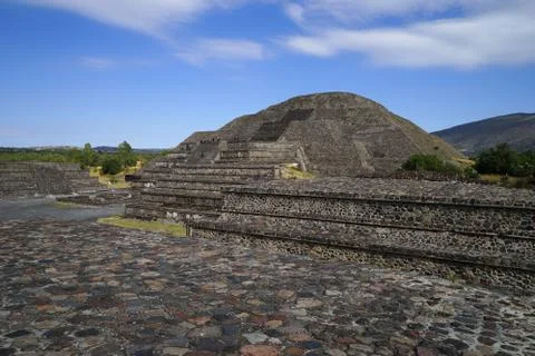 Side view of pyramid of the Moon from one of the smaller pyramids of plaza de Stock Photos