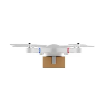 Side view. Quadrocopter with cargo delivery isolated on white background. 3d Stock Illustration