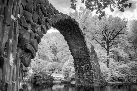 Side view of Rakotzbrucke - Devil's Bridge in Rododendron Park.  Stock Photos