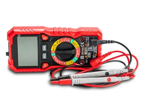 Side view of red portable digital multimeters or multitester with test leads Stock Photos