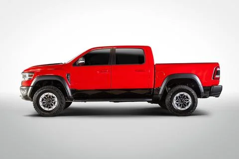 Side view of red powerful pickup truck on white background Stock Photos