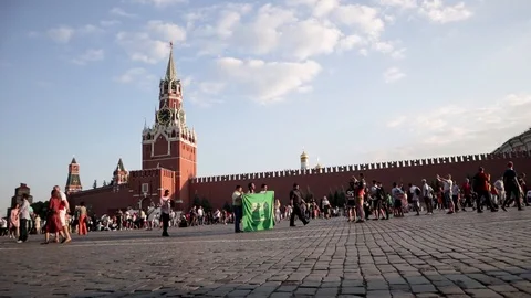 Side view of the Red Square full of football fans. Sunset time. Stock Footage 91171736