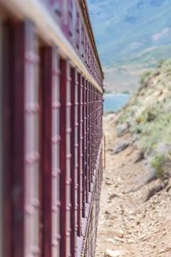 Side view of red train car with blurred background Stock Photos