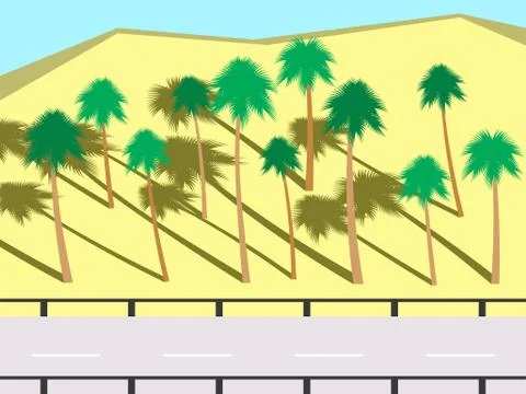 Side view of the road and palm trees. Palm trees in the sands along the road. Stock Illustration