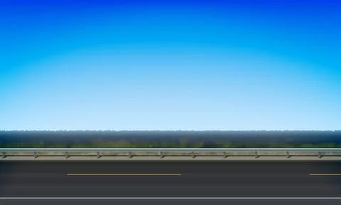 Side view of road with a crash barrier, roadside meadow and blue sky background Stock Illustration