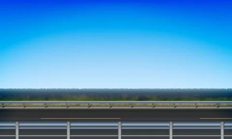 Side view of a road with crash barrier, roadside meadow and blue sky background Stock Illustration