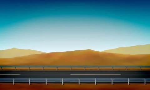 Side view of a road with a crash barrier, roadside, desert sand dunes background Ilustración de archivo