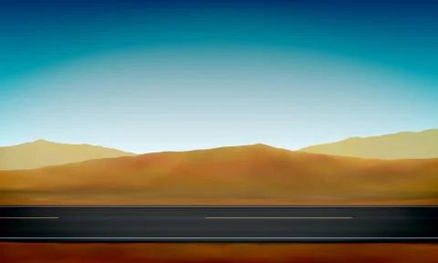 Side view of a road, roadside, desert with sand dunes clear blue sky background Stock Illustration