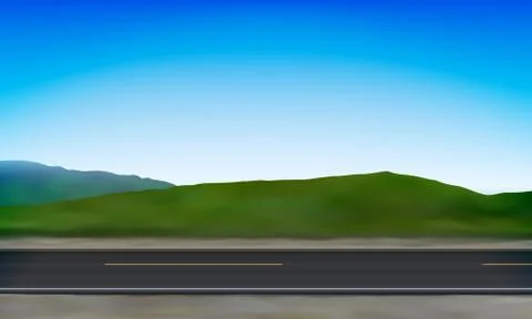 Side view of a road, roadside, green meadow in the hills and clear blue sky Stock Illustration