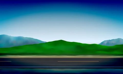 Side view of a road, roadside, green meadow in the hills and clear blue sky Stock Illustration