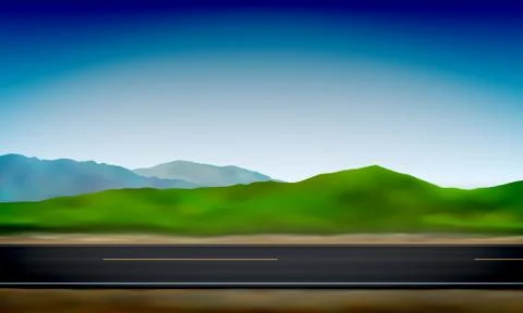 Side view of a road, roadside, green meadow in hills and clear sky background Stock Illustration