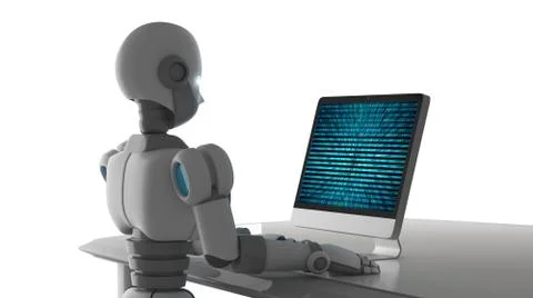 Side view of robot using a computer with binary data number code screen isola Stock Illustration