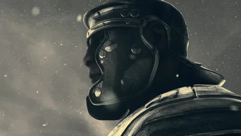 Side View of a Roman Soldier Standing Under Snow Stock Footage 130940509