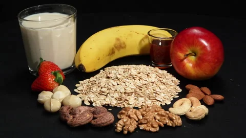Side View Rotating Ultimate Healthy Breakfast Combo on Black. Video stock 333049044