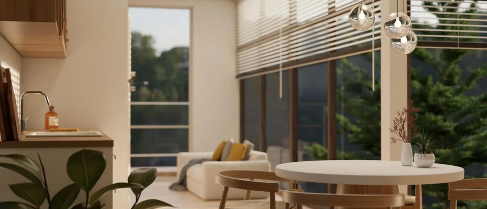 Side view of a round dining table in a modern Scandinavian spacious living .. Stock Illustration