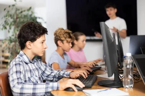 Side view of rows of students in computer class - boys solving computer problems 스톡 사진