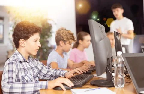 Side view of rows of students in computer class - boys solving computer problems 스톡 사진
