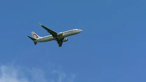 Side view. Royal Air Maroc is flying, Germany, Aug 2018 Stock Footage 100547183