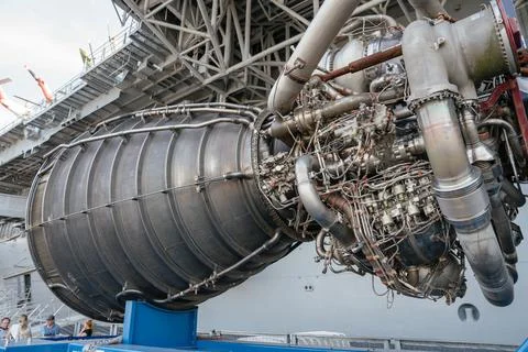 Side View of RS-25 Rocket Engine on Display Stock Photos