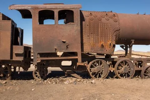 Side view of a rusting steam train as it slowly rots away at the train gravey Stock Photos