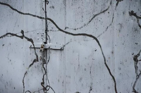 Side view of a rusty garage lock on a gray garage door. Stock Photos