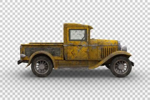 Side view of rusty old yellow vintage pickup truck with peeling paintwork. .. Stock Illustration