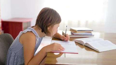 Side view school child girl carefully concentrate write in notebook while Stock Footage 208435192