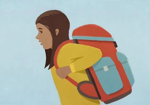 Side view of school girl with large backpack against blue background Stock Illustration