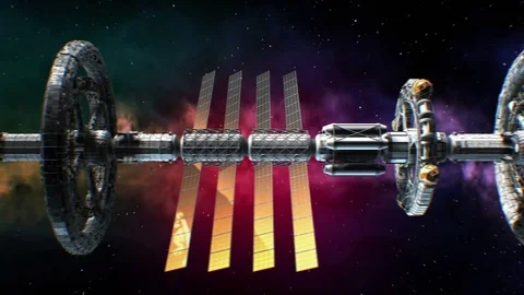 Side view of sci-fi interplanetary spaceship flying on space nebula background Stock Footage 85035523