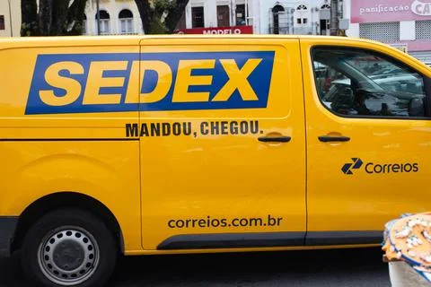 Side view of a SEDEX delivery van, Correios. Stock Photos