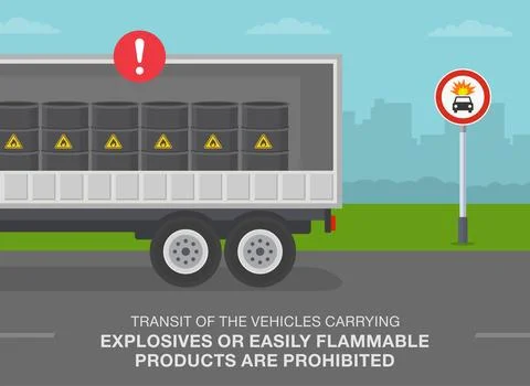Side view of a semi-trailer transporting barrels. No vehicles carrying explosive Stock Illustration