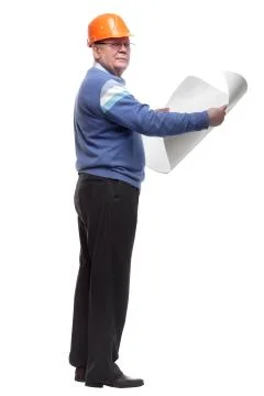Side view. senior engineer carefully reading the drawings Stock Photos