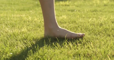 Side view shows legs on grass field. Feet step on cut green grass. Skin touches Vidéo 328704878