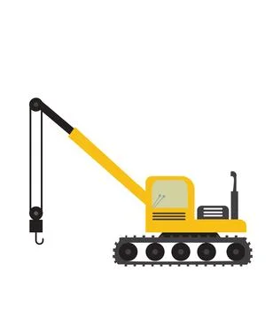 A side view silhouette of a tracked crawler crane featuring a pulley and hook Stock Illustration