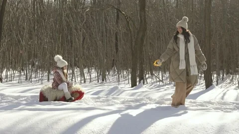 Side view. Slow motion. Mom rides a child on a sled. Winter forest. Stock Footage 154209463