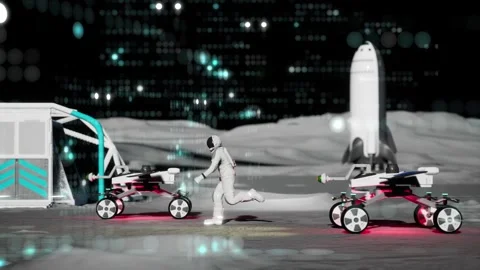 Side view of slow motion running man on moon surface. Robots moving Stock Footage 293521213