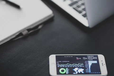 Side View Smartphone Analytics Laptop Stock Photos