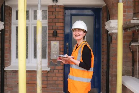 Side view of smiley civil engineer woman supervising repair works in a cons.. Stock Photos