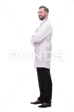Side view. smiling medical doctor looking at copy space Stock Photos