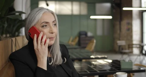 Side view of smiling middle aged businesswoman having mobile phone conversation Stock Footage 123712007