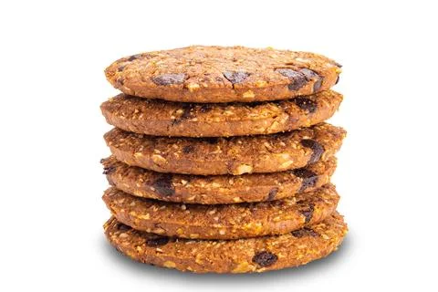 Side view stack of delicious homemade crunchy oatmeal biscuits. Stock Photos