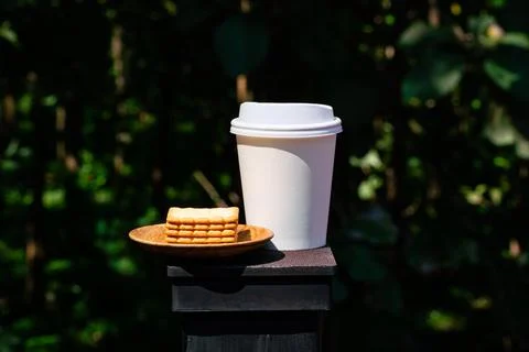 Side view stack of delicious square shape crackers in wooden plate with white Stock Photos