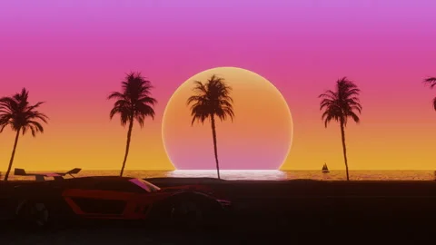 Side view of supercar moving along the ocean side of the road with coconut palm Stock Footage 210006861