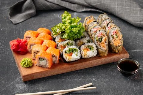 Side view sushi roll assorted set with soy sauce Stock Photos