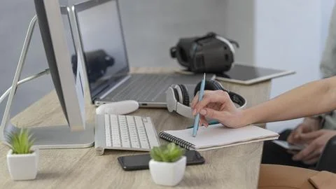 Side view team professionals working computer laptop High resolution photo Stock Photos