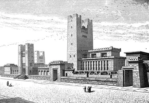 Side view of the Temple at Jerusalem and the enclosing wall of the priests Stock Illustration